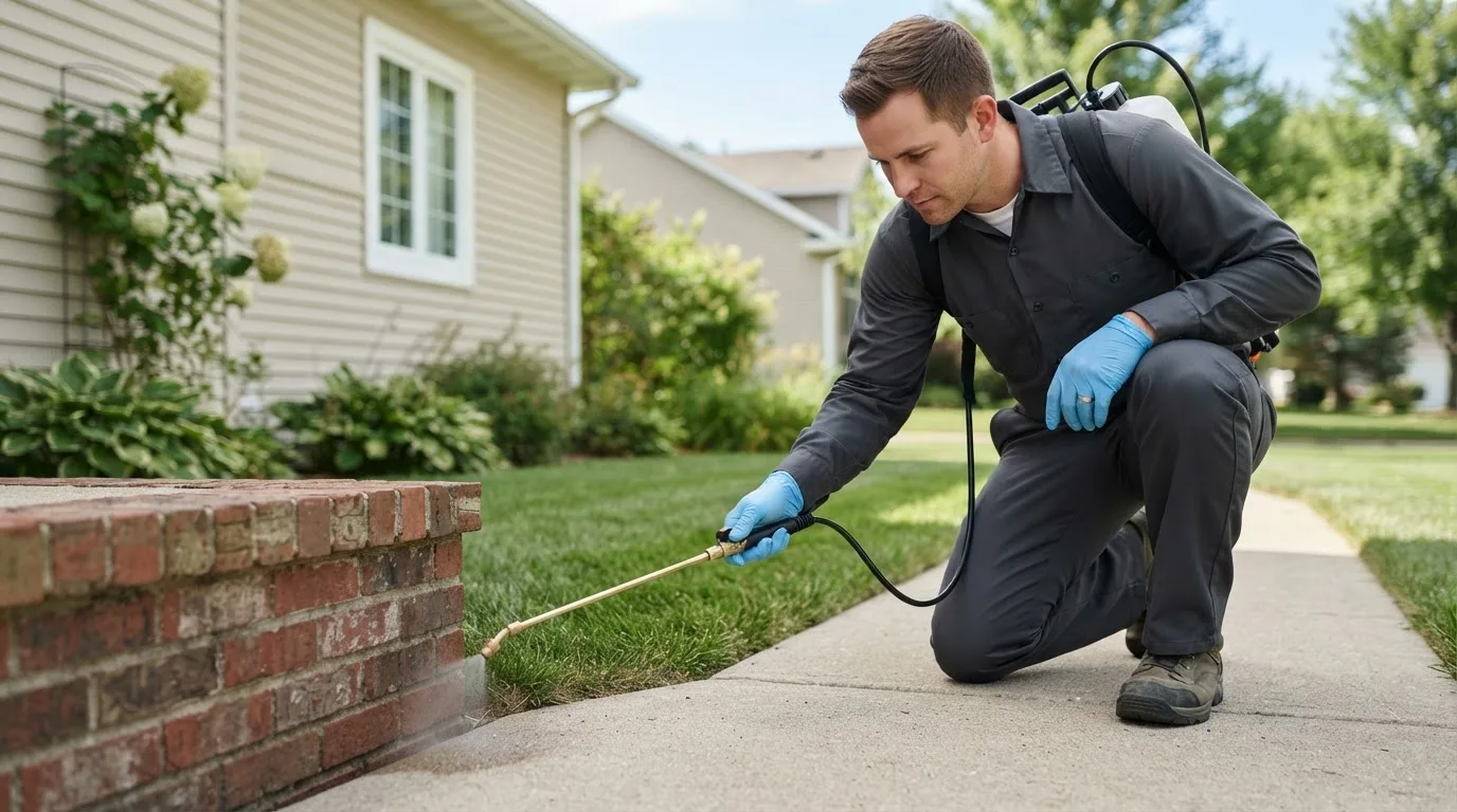 Pest control technician treating a home near West Olive, MI